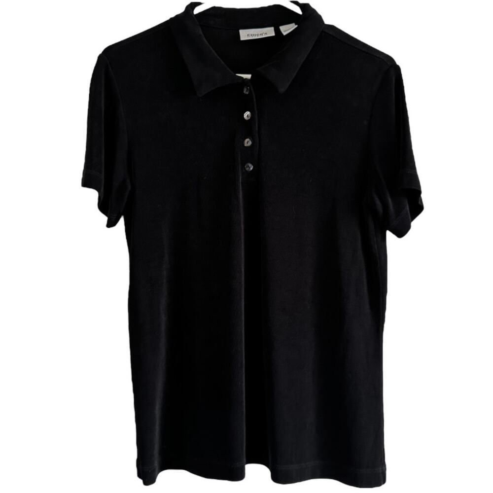 Chico's Travelers Polo Shirt Short Sleeve Button Front Collared Stretch Black 1